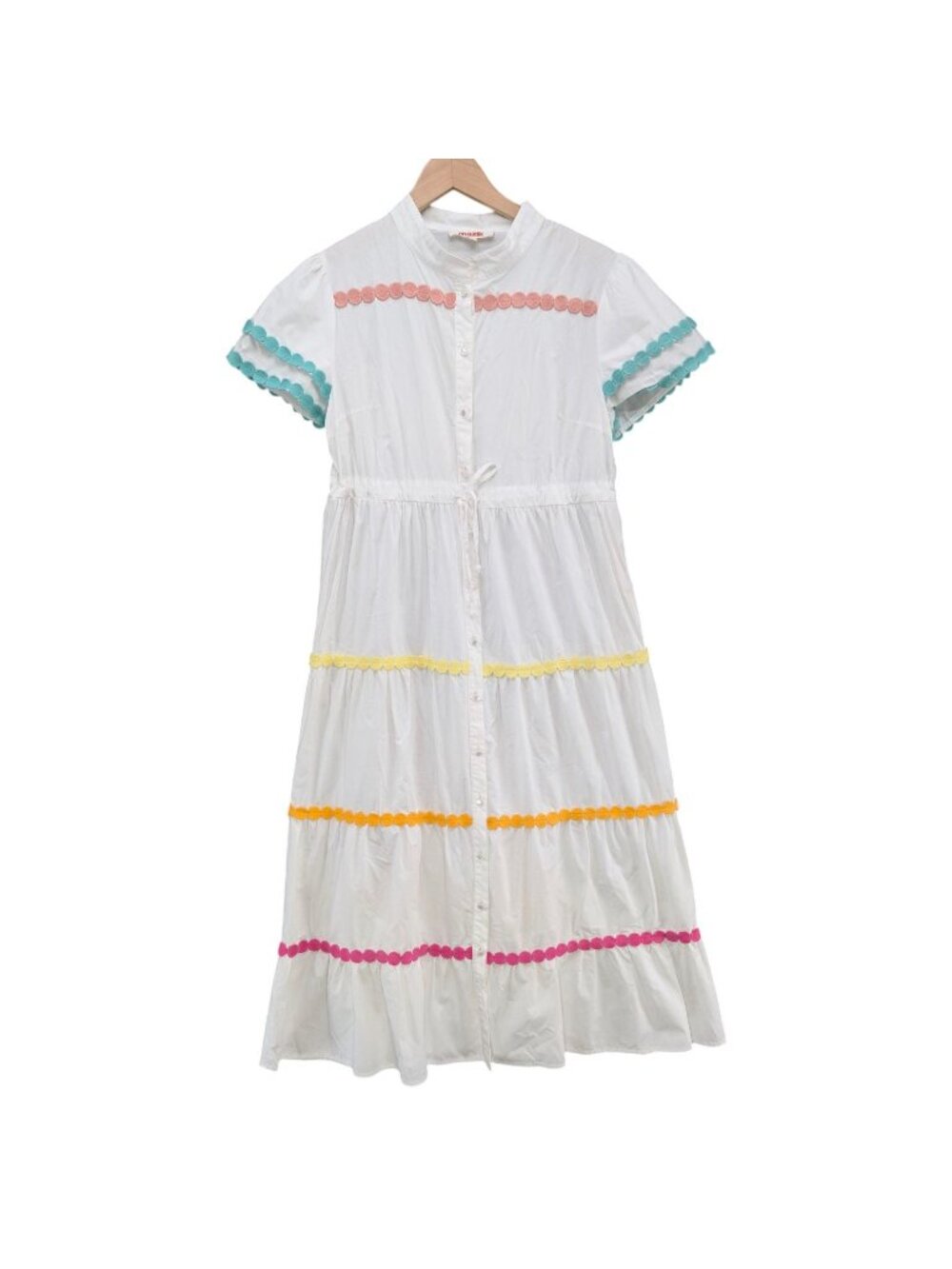 Mazik Midi Dress White Multicolor Circle Trim Tiered Short Sleeve Cotton Size M